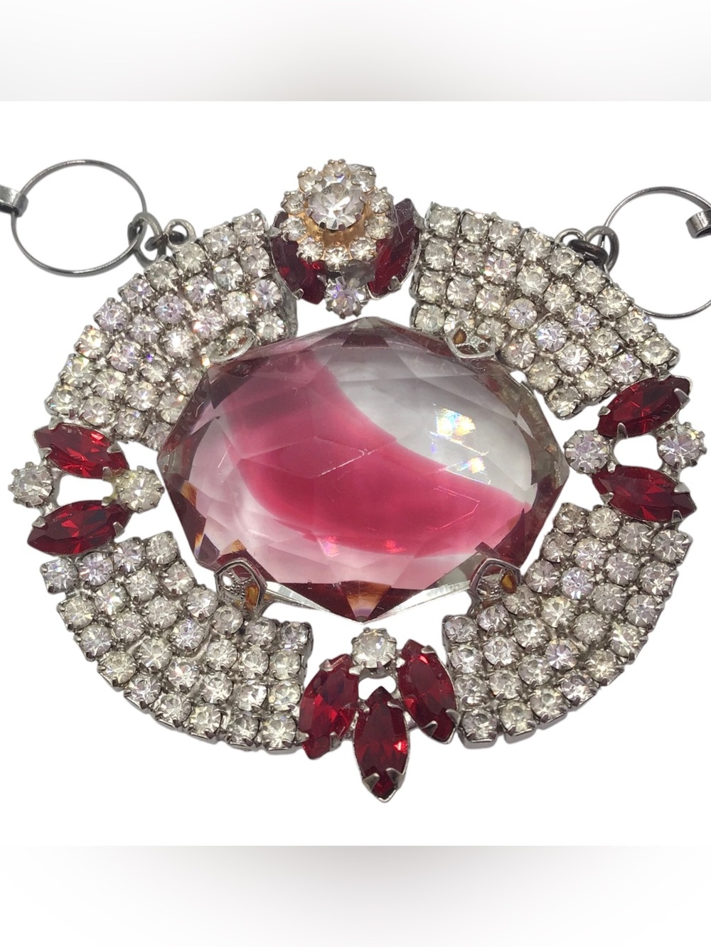 Vintage Rhinestone Statement Necklace 18-20” Red Pink Glass Pendant Necklace